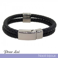 Bracelet acier et cuir noir