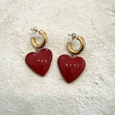 Boucles d’oreilles pendantes cœurs rouges acier inoxydable doré